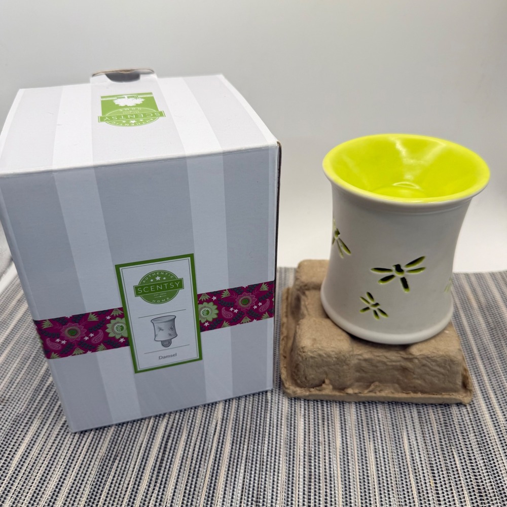Scentsy Damsel Mini Warmer White Ceramic Dragonfly Lime Green Plug In Wax Melter